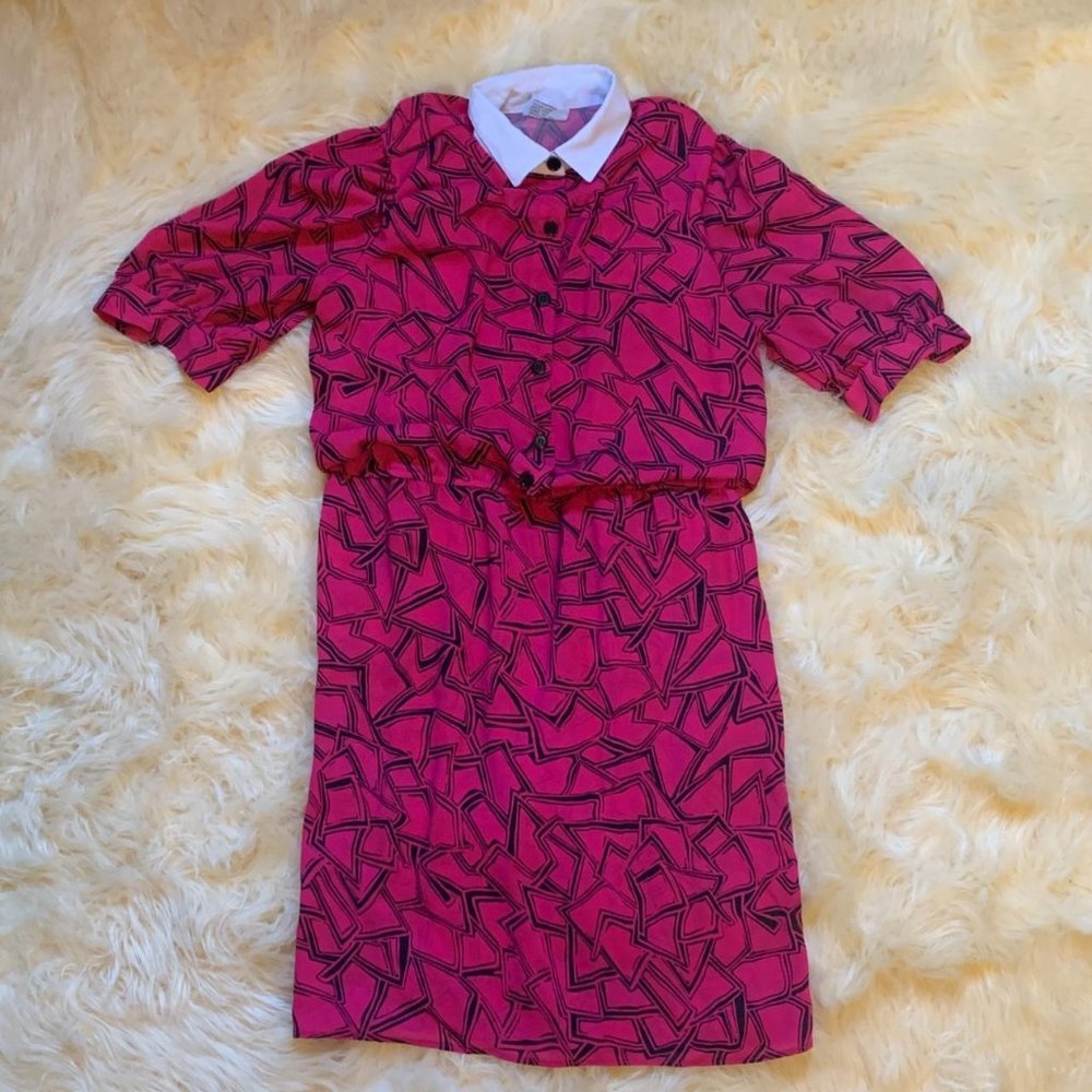 Vintage 80's Pink and Black Geometric Dress